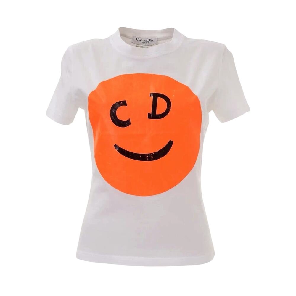 Christian Dior Vintage Neon Orange Smiley Face CD Logo Graphic Tee Shirt Top